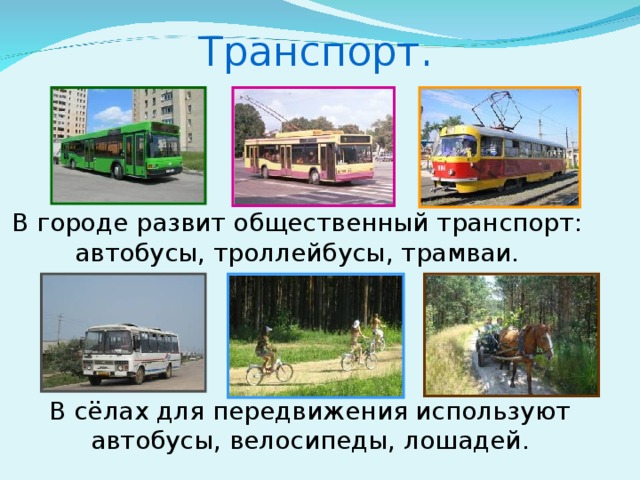 Транспорт. В городе развит общественный транспорт: автобусы, троллейбусы, трамваи. В сёлах для передвижения используют автобусы, велосипеды, лошадей.