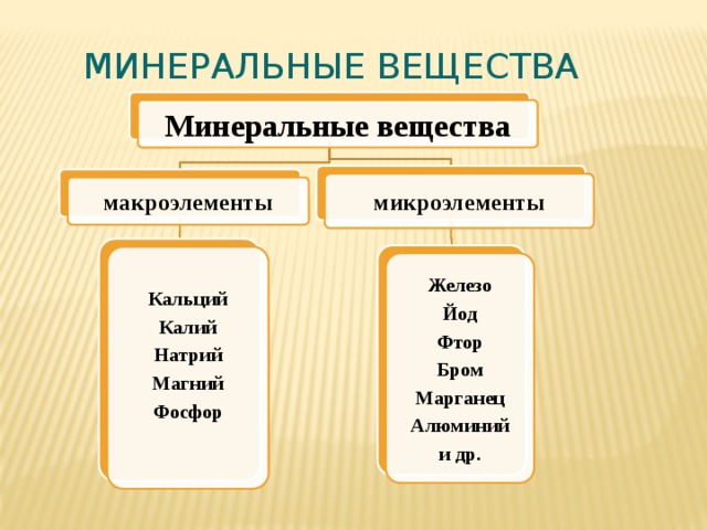 Минеральные вещества Минеральные вещества микроэлементы макроэлементы Кальций Калий Натрий Магний Фосфор  Железо Йод Фтор Бром Марганец Алюминий и др.