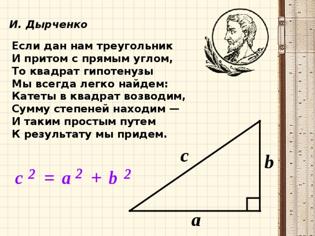И. Дырченко Если дан нам треугольник И притом с прямым углом, То квадрат гипотенузы Мы всегда легко найдем: Катеты в квадрат возводим, Сумму степеней находим — И таким простым путем К результату мы придем.