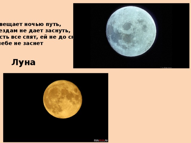 Освещает ночью путь,  Звездам не дает заснуть,  Пусть все спят, ей не до сна,  В небе не заснет Луна