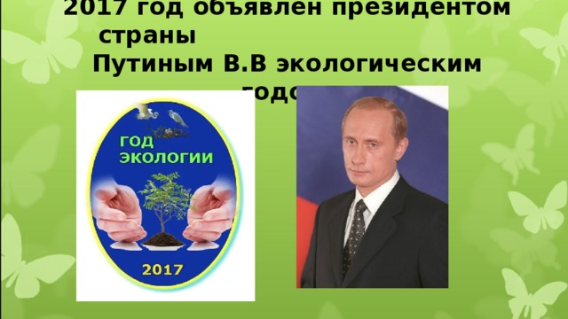 2017 год объявлен президентом страны Путиным В.В экологическим годом.