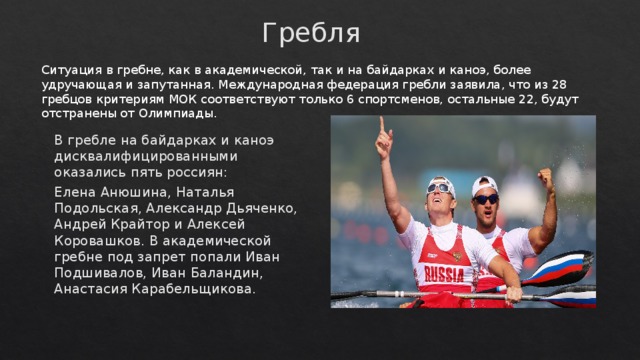 Гребля Ситуация в гребне, как в академической, так и на байдарках и каноэ, более удручающая и запутанная. Международная федерация гребли заявила, что из 28 гребцов критериям МОК соответствуют только 6 спортсменов, остальные 22, будут отстранены от Олимпиады. В гребле на байдарках и каноэ дисквалифицированными оказались пять россиян: Елена Анюшина, Наталья Подольская, Александр Дьяченко, Андрей Крайтор и Алексей Коровашков. В академической гребне под запрет попали Иван Подшивалов, Иван Баландин, Анастасия Карабельщикова.