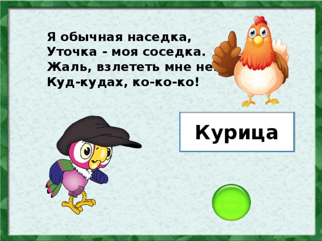 Я обычная наседка, Уточка - моя соседка. Жаль, взлететь мне нелегко, Куд-кудах, ко-ко-ко! Курица