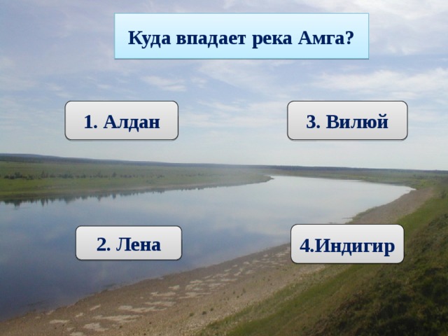 Куда впадает река Амга? 1. Алдан 3. Вилюй 4.Индигир  2. Лена
