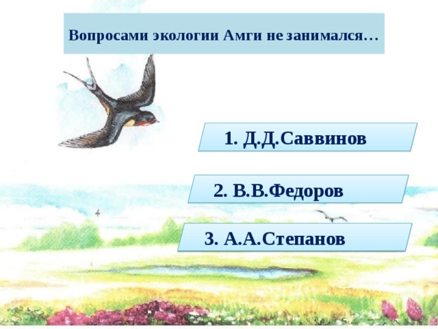 Вопросами экологии Амги не занимался… 1. Д.Д.Саввинов 2. В.В.Федоров 3. А.А.Степанов