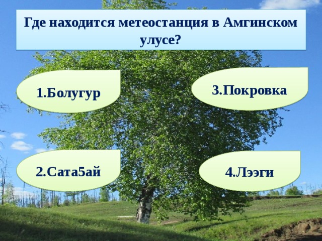 Где находится метеостанция в Амгинском улусе? 3.Покровка 1.Болугур 2.Сата5ай 4.Лээги