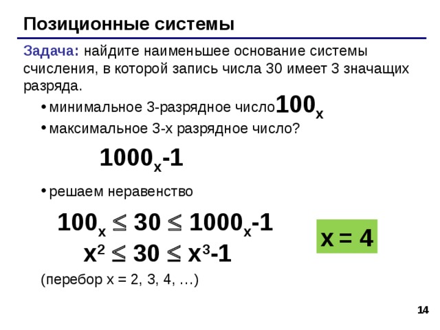 Позиционные системы Задача: найдите наименьшее основание системы счисления, в которой запись числа 30 имеет 3 значащих разряда. 10 0 x минимальное 3-разрядное число минимальное 3-разрядное число   максимальное 3-х разрядное число?    решаем неравенство  максимальное 3-х разрядное число?    решаем неравенство  ( перебор x = 2, 3, 4, …)     ( перебор x = 2, 3, 4, …) 10 00 x -1 10 0 x   30   10 00 x -1 x  = 4 x 2   30   x 3 -1 13 13