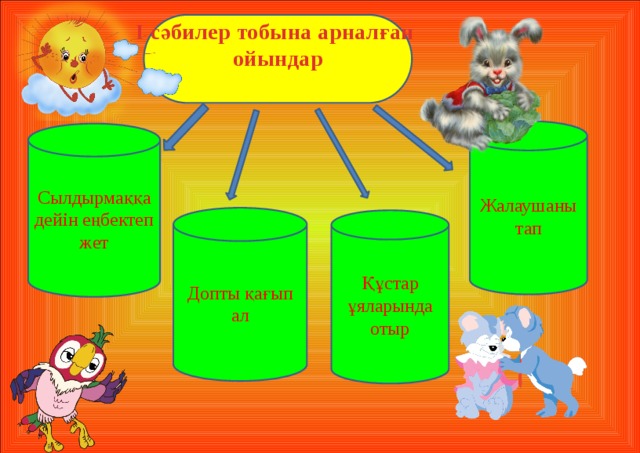 І сәбилер тобына арналған ойындар Жалаушаны тап Сылдырмаққа дейін еңбектеп жет Допты қағып ал Құстар ұяларында отыр