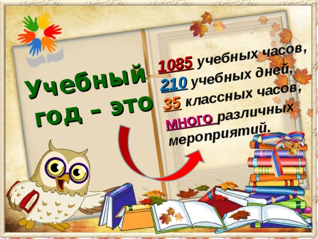 Учебный  год – это 1085  учебных часов, 210 учебных дней, 35  классных часов, много различных мероприятий.