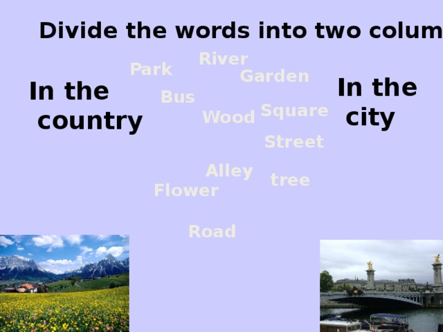 Divide the words into two columns River  Park Garden  In the  city In the  country Bus Square Wood Street Alley tree Flower Road