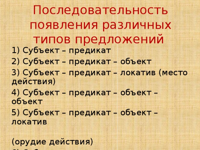 Последовательность появления различных типов предложений 1) Субъект – предикат 2) Субъект – предикат – объект 3) Субъект – предикат – локатив (место действия) 4) Субъект – предикат – объект – объект 5) Субъект – предикат – объект – локатив  (орудие действия) 6) Субъект – предикат – локатив 7) Атрибутивные отношения словоформ и высказываний