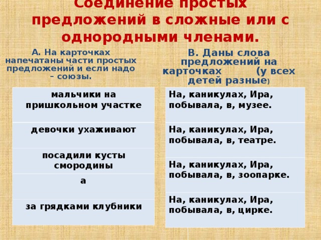 Соединение простых предложений в сложные или с однородными членами.   А. На карточках напечатаны части простых предложений и если надо – союзы.  В. Даны слова  предложений на карточках (у всех детей разные )  мальчики на пришкольном участке На, каникулах, Ира, побывала, в, музее. девочки ухаживают На, каникулах, Ира, побывала, в, театре. посадили кусты смородины На, каникулах, Ира, побывала, в, зоопарке. а На, каникулах, Ира, побывала, в, цирке. за грядками клубники