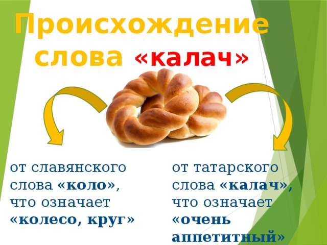 Происхождение слова «калач» от славянского слова «коло» , что означает «колесо, круг» от татарского слова «калач», что означает «очень аппетитный»