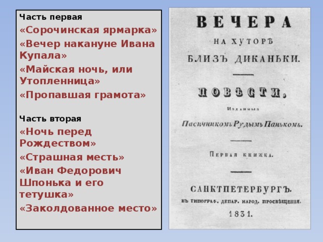 Часть первая «Сорочинская ярмарка» «Вечер накануне Ивана Купала» «Майская ночь, или Утопленница» «Пропавшая грамота» Часть вторая «Ночь перед Рождеством» «Страшная месть» «Иван Федорович Шпонька и его тетушка» «Заколдованное место»