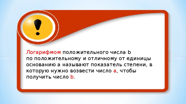 Логарифмом положительного числа b  по положительному и отличному от единицы основанию а называют показатель степени, в которую нужно возвести число а , чтобы получить число b .