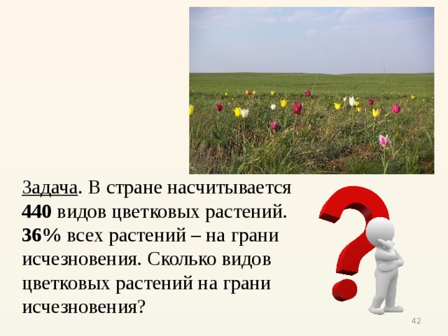 Задача . В стране насчитывается 440 видов цветковых растений. 36% всех растений – на грани исчезновения. Сколько видов цветковых растений на грани исчезновения?