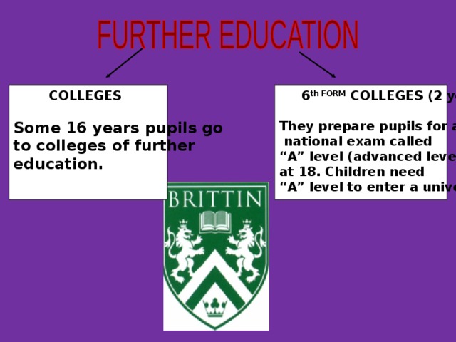 COLLEGES  Some 16 years pupils go to colleges of further education.   6 th FORM COLLEGES (2 years)  They prepare pupils for a  national exam called “ A” level (advanced level) at 18. Children need “ A” level to enter a university.