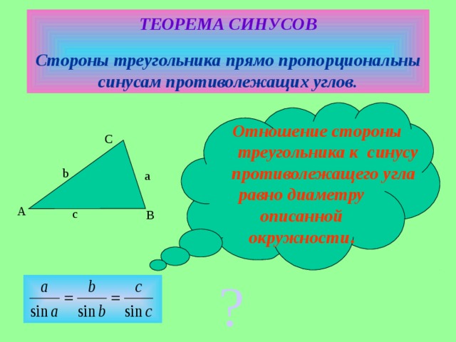 ТЕОРЕМА СИНУСОВ  Стороны треугольника прямо пропорциональны синусам противолежащих углов.  Отношение стороны  треугольника к синусу  противолежащего угла равно диаметру описанной окружности . C b a A c B ?