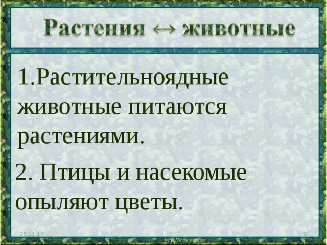 1.Растительноядные животные питаются растениями. 2. Птицы и насекомые опыляют цветы. 06.11.17