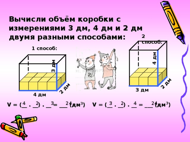 4 дм 2 дм 3 дм 2 дм Вычисли объём коробки с измерениями 3 дм, 4 дм и 2 дм двумя разными способами: 2 способ: 1 способ: 3 дм 4 дм V = (__ . __) . __ = ___ (дм 3 ) 2 24 3 V = (__ . __) . __ = ___ (дм 3 ) 4 3 2 4 24