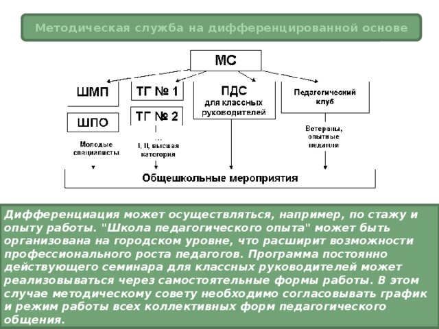 Методическая служба на дифференцированной основе Дифференциация может осуществляться, например, по стажу и опыту работы. 