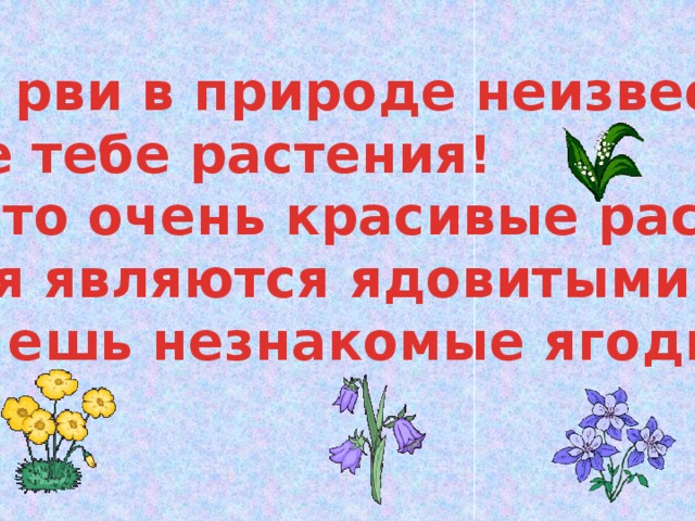 Не рви в природе неизвест- ные тебе растения! Часто очень красивые расте- ния являются ядовитыми. Не ешь незнакомые ягоды!