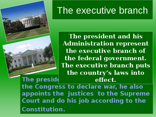 The executive  branch The president and his Administration represent the executive branch of the federal government. The executive branch puts the country’s laws into effect. The president can veto a bill, can ask the Congress to declare war, he also appoints the justices to the Supreme Court and do his job according to the Constitution.
