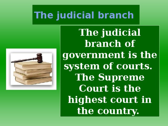 The judicial branch The judicial branch of government is the system of courts. The Supreme Court is the highest court in the country.