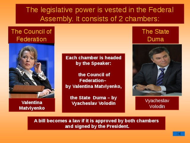 The legislative power is vested in the Federal Assembly. It consists of 2 chambers: The Council of Federation The State Duma Each chamber is headed by the Speaker:   the Council of Federation–  by Valentina Matviyenko,  the State Duma – by Vyacheslav Volodin   Vyacheslav Volodin Valentina Matviyenko A bill becomes a law if it is approved by both chambers  and signed by the President.