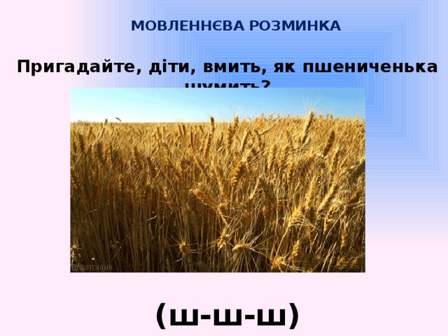 МОВЛЕННЄВА РОЗМИНКА   Пригадайте, діти, вмить, як пшениченька шумить? (ш-ш-ш)