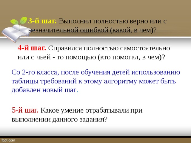 3-й шаг. Выполнил полностью верно или с незначительной ошибкой (какой, в чем)? 4-й шаг. Справился полностью самостоятельно или с чьей - то помощью (кто помогал, в чем)? Со 2-го класса, после обучения детей использованию таблицы требований к этому алгоритму может быть добавлен новый шаг . 5-й шаг. Какое умение отрабатывали при выполнении данного задания?