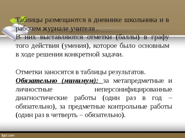 Таблицы размещаются в дневнике школьника и в рабочем журнале учителя . В них выставляются отметки (баллы) в графу того действия (умения), которое было основным в ходе решения конкретной задачи. Отметки заносятся в таблицы результатов. Обязательно (минимум): за метапредметные и личностные неперсонифицированные диагностические работы (один раз в год – обязательно), за предметные контрольные работы (один раз в четверть – обязательно).