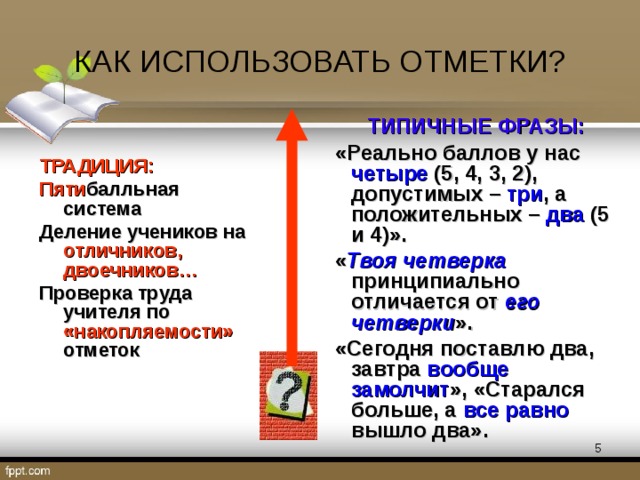 КАК ИСПОЛЬЗОВАТЬ ОТМЕТКИ? ТИПИЧНЫЕ ФРАЗЫ: ТИПИЧНЫЕ ФРАЗЫ: ТИПИЧНЫЕ ФРАЗЫ: «Реально баллов у нас четыре (5, 4, 3, 2), допустимых – три , а положительных – два (5 и 4)». « Твоя четверка принципиально отличается от его четверки ». «Сегодня поставлю два, завтра вообще замолчит », «Старался больше, а все равно вышло два». «Реально баллов у нас четыре (5, 4, 3, 2), допустимых – три , а положительных – два (5 и 4)». « Твоя четверка принципиально отличается от его четверки ». «Сегодня поставлю два, завтра вообще замолчит », «Старался больше, а все равно вышло два». «Реально баллов у нас четыре (5, 4, 3, 2), допустимых – три , а положительных – два (5 и 4)». « Твоя четверка принципиально отличается от его четверки ». «Сегодня поставлю два, завтра вообще замолчит », «Старался больше, а все равно вышло два». ТРАДИЦИЯ: Пяти балльная система Деление учеников на отличников, двоечников…  Проверка труда учителя по «накопляемости» отметок