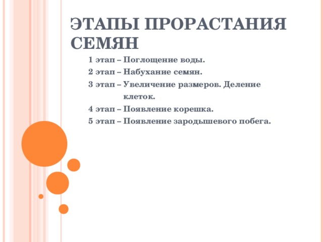 ЭТАПЫ ПРОРАСТАНИЯ СЕМЯН 1 этап – Поглощение воды. 2 этап – Набухание семян. 3 этап – Увеличение размеров. Деление  клеток. 4 этап – Появление корешка. 5 этап – Появление зародышевого побега.