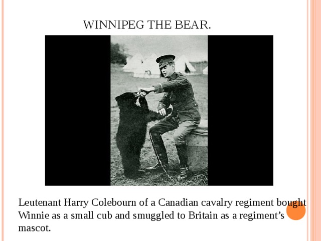 WINNIPEG THE BEAR.   Leutenant Harry Colebourn of a Canadian cavalry regiment bought Winnie as a small cub and smuggled to Britain as a regiment’s mascot.