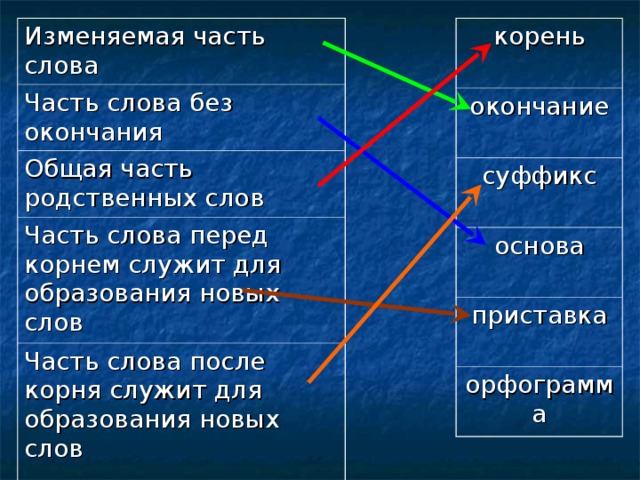 Изменяемая часть слова корень окончание Часть слова без окончания суффикс Общая часть родственных слов основа Часть слова перед корнем служит для образования новых слов приставка Часть слова после корня служит для образования новых слов орфограмма