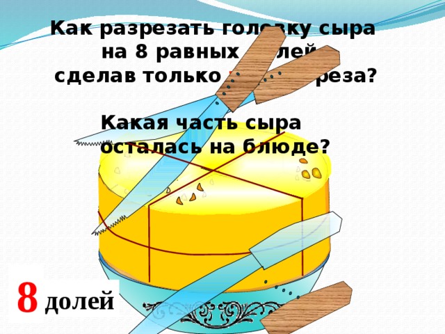 Как разрезать головку сыра на 8 равных долей, сделав только три разреза? Какая часть сыра осталась на блюде? 2 8 8 4 доли долей долей