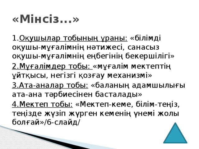 «Мінсіз...»  1. Оқушылар тобының ұраны:  «білімді оқушы-мұғалімнің нәтижесі, санасыз оқушы-мұғалімнің еңбегінің бекершілігі» 2.Мұғалімдер тобы:  «мұғалім мектептің ұйтқысы, негізгі қозғау механизмі» 3.Ата-аналар тобы:  «баланың адамшылығы ата-ана тәрбиесінен басталады» 4.Мектеп тобы:  «Мектеп-кеме, білім-теңіз, теңізде жүзіп жүрген кеменің үнемі жолы болғай»/6-слайд/              