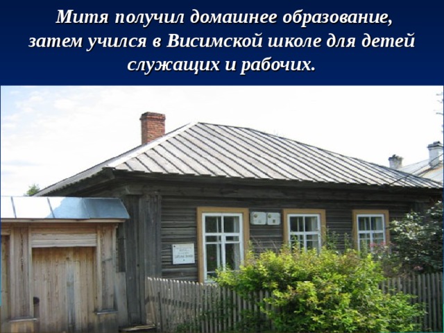 Митя получил домашнее образование, затем учился в Висимской школе для детей служащих и рабочих.