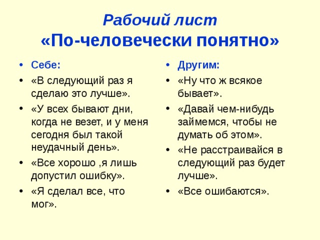 Рабочий лист  «По-человечески понятно»