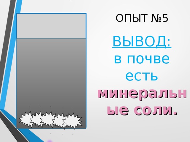 ОПЫТ №5 ВЫВОД: в почве есть минеральные соли.