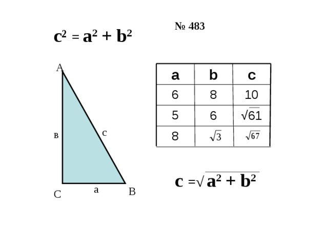 № 483 с ² =  а 2 + b 2 А b а c 6 8 10 5 √ 61 6 с в 8 с  =√  а 2 + b 2 а В С