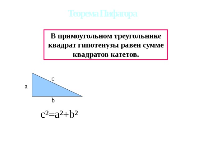 Теорема Пифагора В прямоугольном треугольнике квадрат гипотенузы равен сумме квадратов катетов. с а b c ²=a²+b²