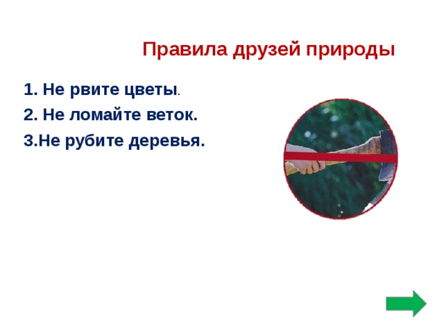 Правила друзей природы 1. Не рвите цветы . 2. Не ломайте веток. 3.Не рубите деревья.