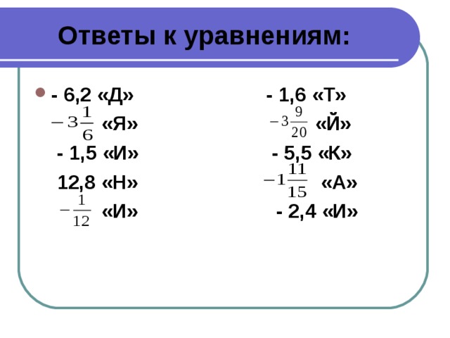 Ответы к уравнениям: - 6,2 «Д» - 1,6 «Т»  «Я» «Й»  - 1,5 «И» - 5,5 «К»  12,8 «Н» «А»  «И» - 2,4 «И»