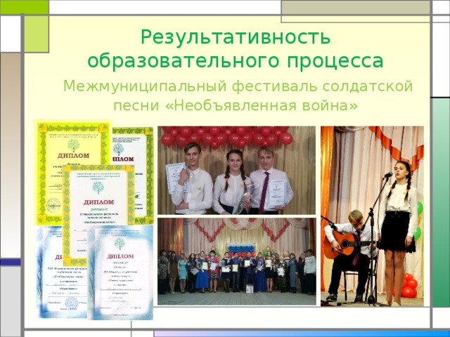 Результативность образовательного процесса   Межмуниципальный фестиваль солдатской песни «Необъявленная война»