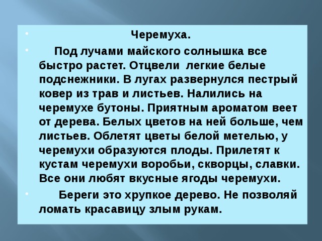 Черемуха.  Под лучами майского солнышка все быстро растет. Отцвели легкие белые подснежники. В лугах развернулся пестрый ковер из трав и листьев. Налились на черемухе бутоны. Приятным ароматом веет от дерева. Белых цветов на ней больше, чем листьев. Облетят цветы белой метелью, у черемухи образуются плоды. Прилетят к кустам черемухи воробьи, скворцы, славки. Все они любят вкусные ягоды черемухи.  Береги это хрупкое дерево. Не позволяй ломать красавицу злым рукам.