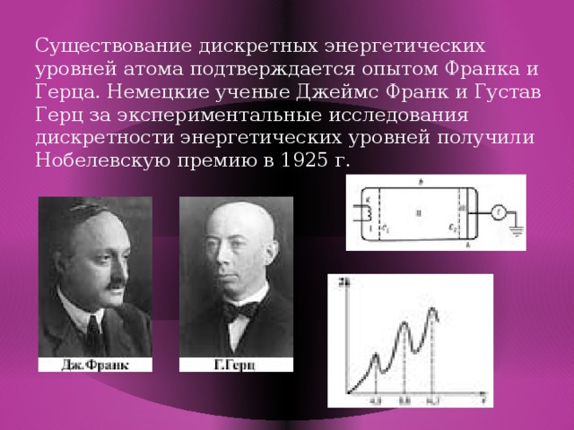 Существование дискретных энергетических уровней атома подтверждается опытом Франка и Герца. Немецкие ученые Джеймс Франк и Густав Герц за экспериментальные исследования дискретности энергетических уровней получили Нобелевскую премию в 1925 г.