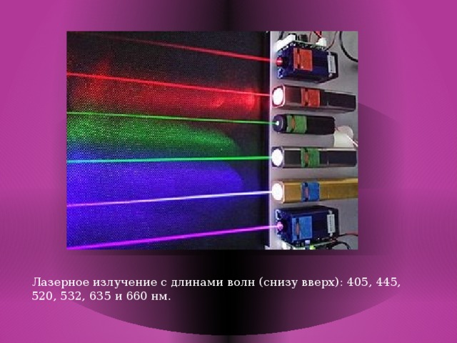 Лазерное излучение с длинами волн (снизу вверх): 405, 445, 520, 532, 635 и 660 нм.