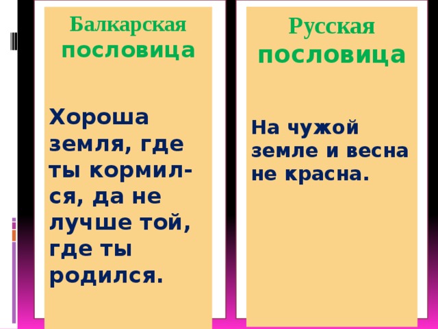 Русская Балкарская пословица  пословица      На чужой земле и весна не красна. Хороша земля, где ты кормил-  ся, да не лучше той, где ты родился.